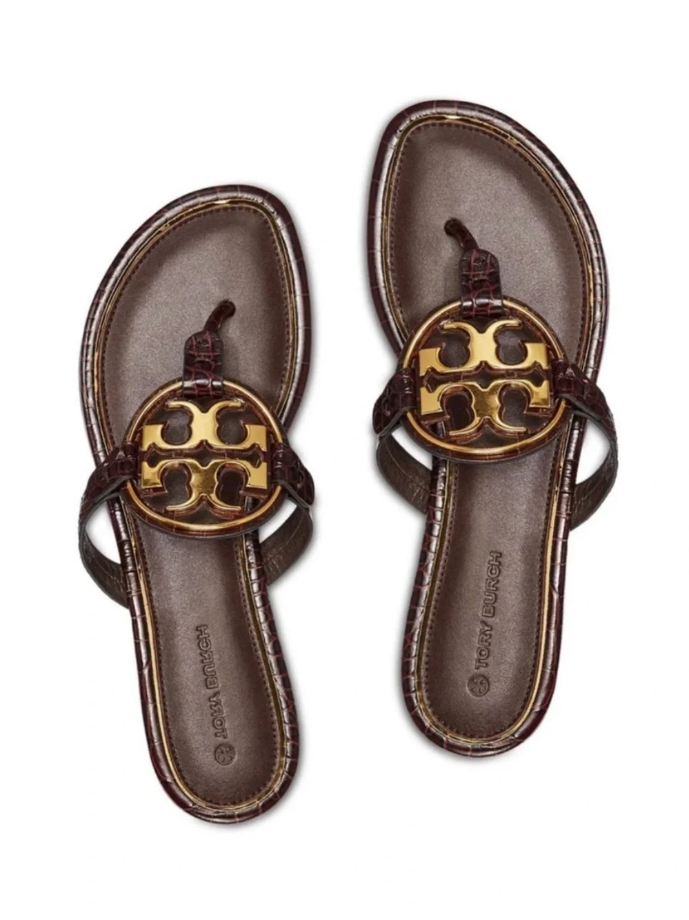 Tory Burch Coco Bark Dark Brown Croco Embossed Leather Metal Miller Sandals